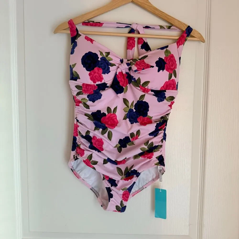 NWT Seafolly Australia Swimsuit Womens US 8 AU 12 Floral Ruched Halter One Piece